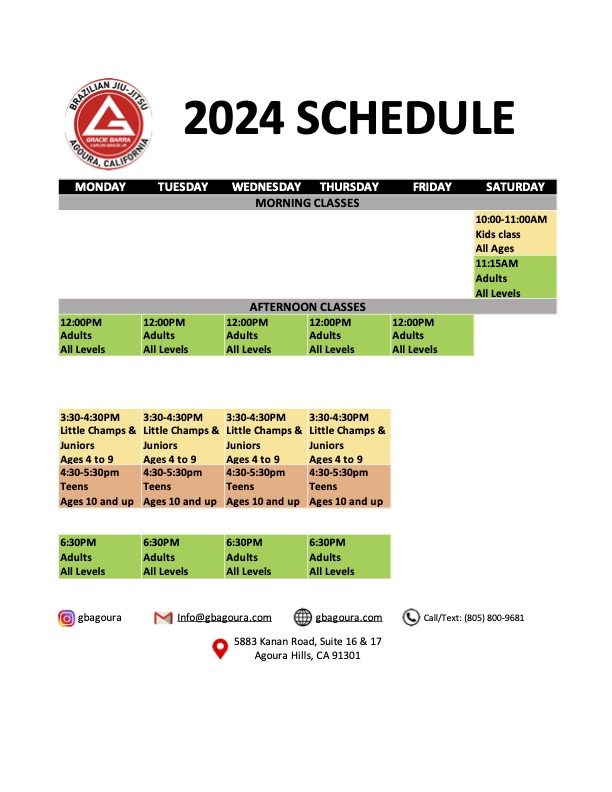 2024 Class Schedule Gracie Barra Agoura Brazilian JiuJitsu